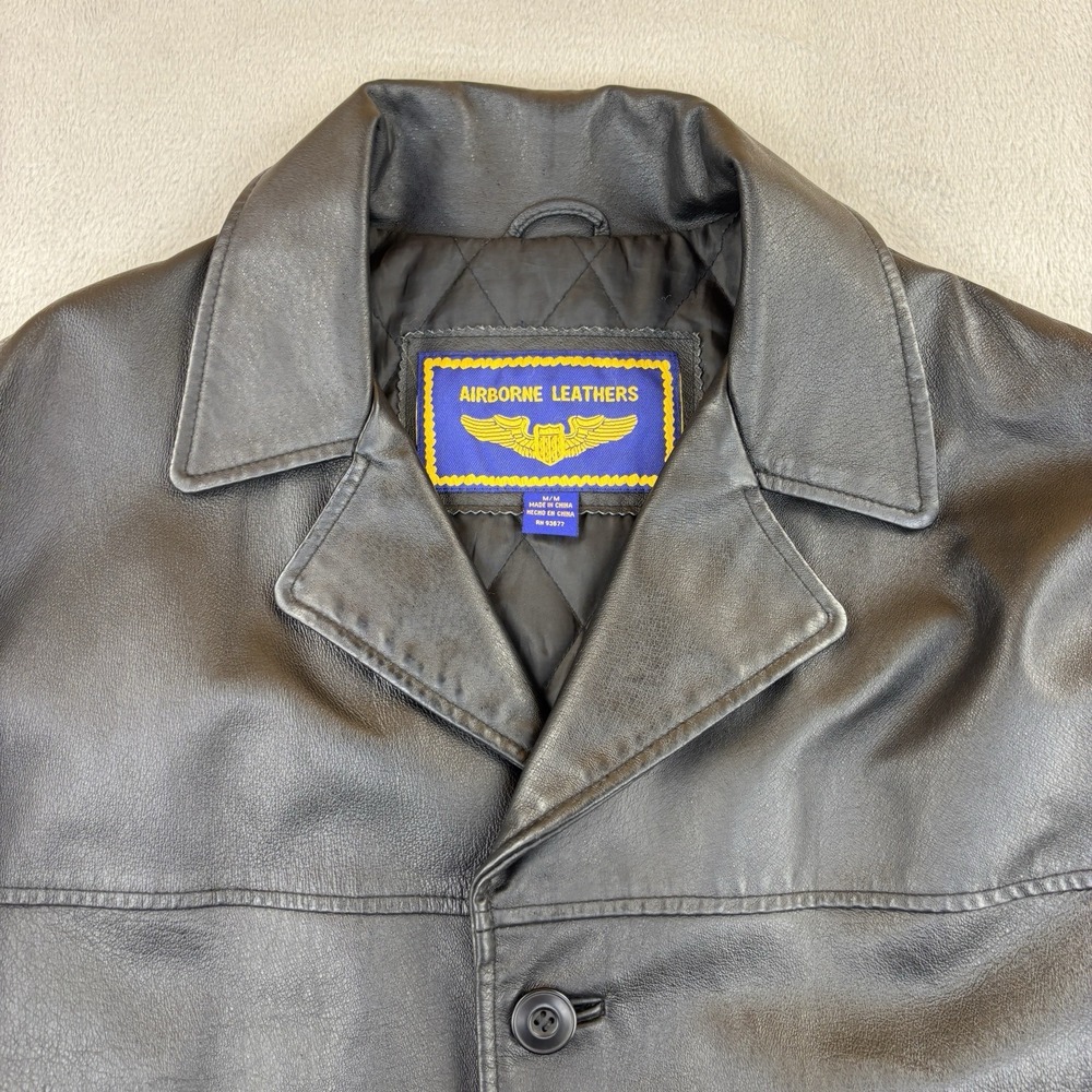Airborne Leathers Coat Mens Medium Black Genuine Leather Overcoat Trench Jacket - Picture 2 of 11